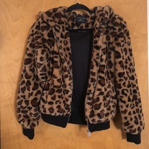 Faux fur leopard print zip up hoodie